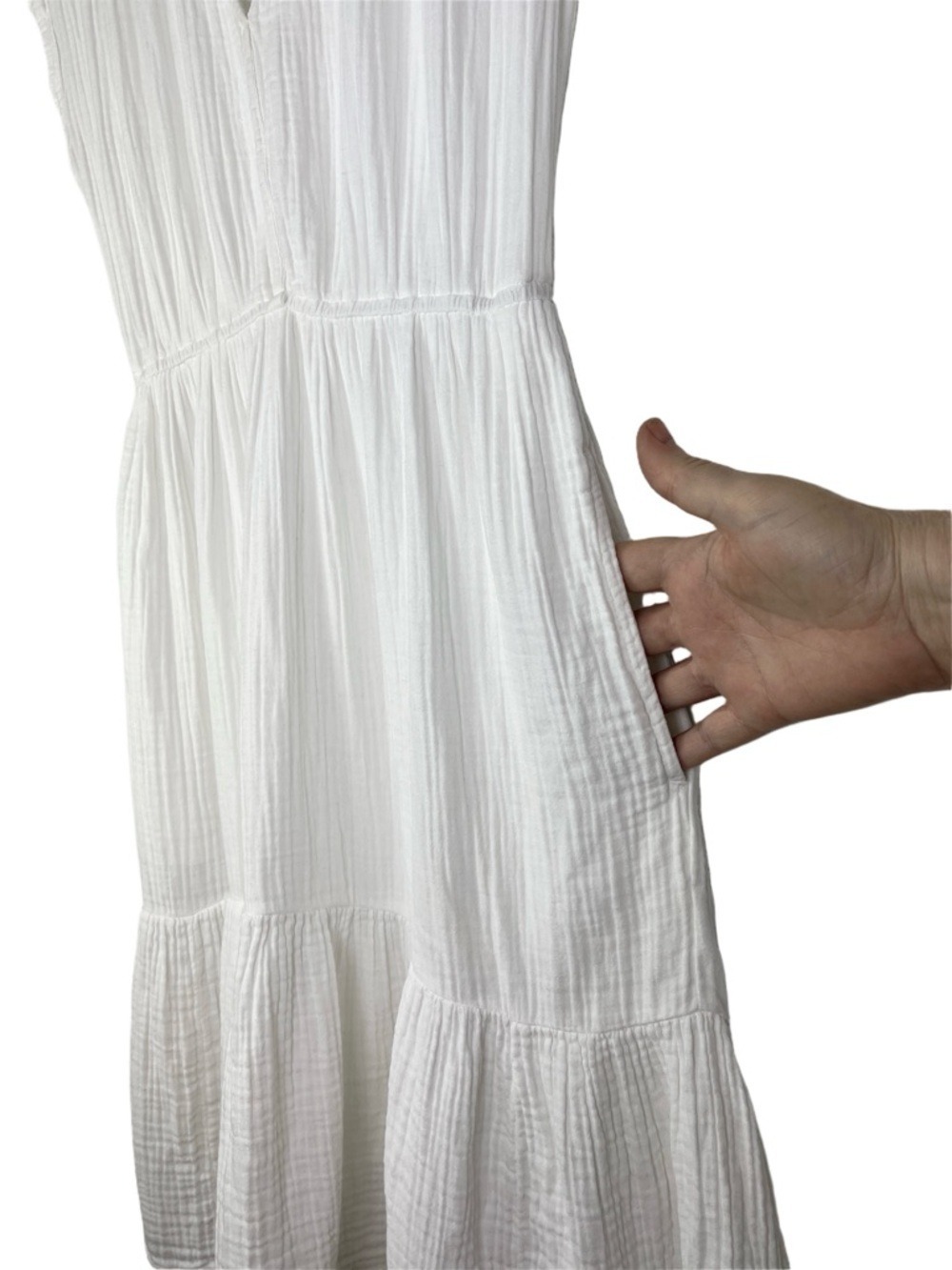 Xirena White Cap Sleeve V-Neck Gauze Cotton Knee Length Dress Pockets size XS - Picture 4 of 6